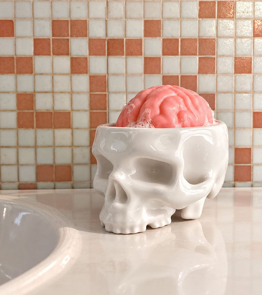 Totenkopf-Seifenschale mit Gehirnseife - Brain Wash